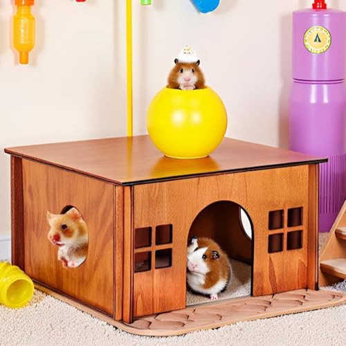 Wooden Guinea Pig Hideout, Small Animal Houses Habitats,Large Hideout House for Small Rabbit Chinchilla Gerbil, Sturdy Hamster Hideout Bed Hutch Bunny Cage - color: Brown Style 1, size: Medium