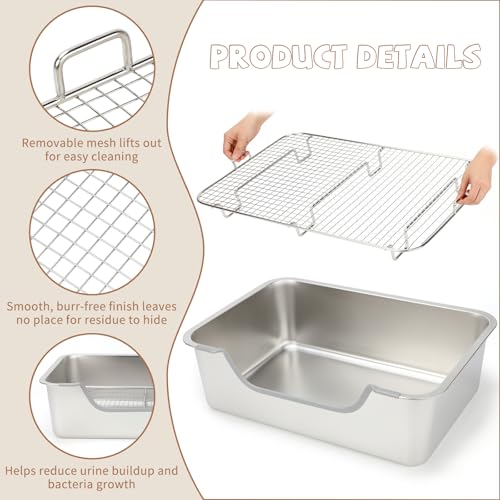 BWOGUE Extra Large Stainless Steel Rabbit Litter Box, Bunny Litter Box Kit | Large Rabbit Litter Box, High Sides Help Reduce Mess, Raised Grid, Hay Feeder & Waterer Kit, Easy to Clean, Rabbits - size: L:19.7in ×13.8in × 5.9inches