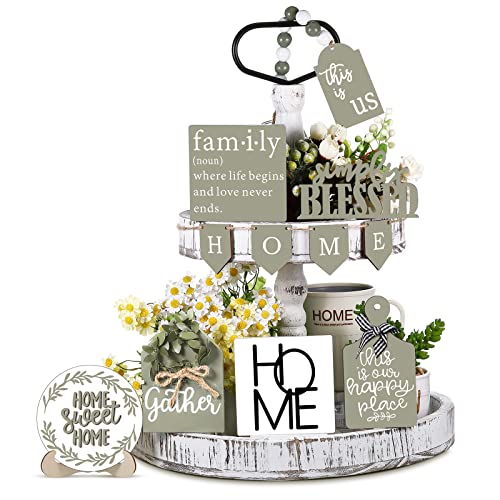 FairySandy 11 Pcs Home Tiered Tray Decor Spring Rustic Farmhouse Tiered Tray Decorations Set Sage Green Wooden Home Sign Vintage Farm Animal Farmhouse Tabletop Wood Sign for Kitchen Table Shelf Decor - style: Classic