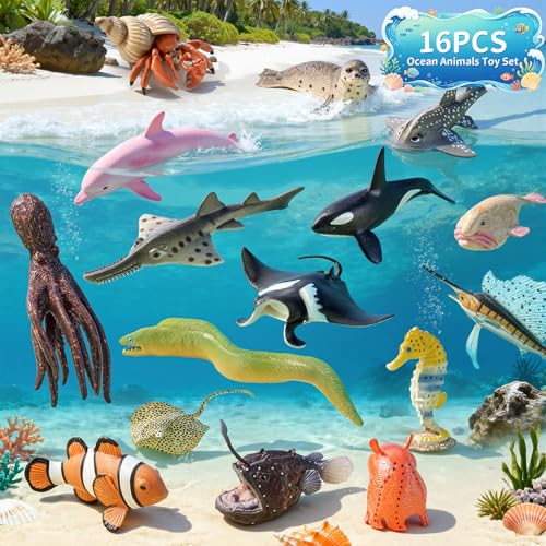 16PCS Realistic Ocean Animal Figurines Sea Animal Toys Figures | Solid Realistic Marine Animals Toy Figures Set Cake Topper, Diorama Decor, Classroom Teaching Prop & Children Birthday Gift