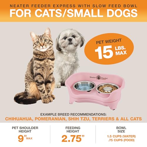 Neater Feeder Express Mess Proof Dog Bowls Elevated for Small Breed – Made in USA – No Spill Raised Slow Feeder Elevated Dog Bowl Stand, Stainless Steel Food and Water Bowl Set, Pink - color: Pink, size: Small w/ Metal Slow Feed Bowl