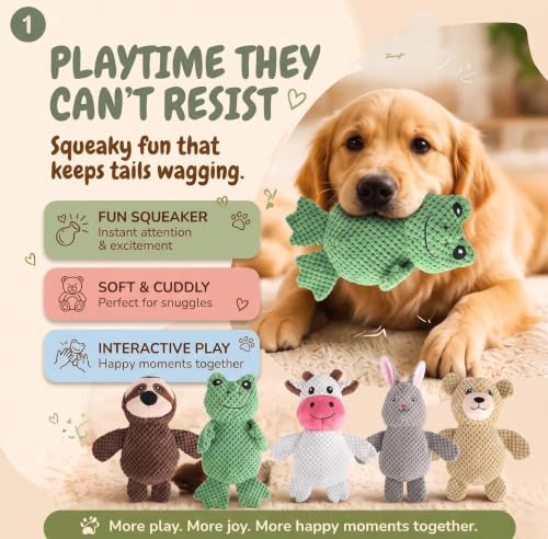 Act boldly 5-Pack Squeaky Dog Toys – Durable Animal-Shaped Plush Chew Toys for Dogs, Handmade Interactive Puppy Toys with Squeaker, Perfect for Reducing Destructive Behavior - color: blue/purple/green/grey/brown