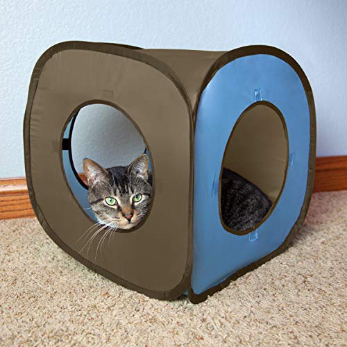 Kitty City Pop-Up Rolling Cat Cube & Tunnel Toy, Collapsible Indoor Cat Play Cube with Peekaboo Openings & Hanging Tassel, Lightweight Foldable Cat Furniture - Blue/Brown - color: Blue & Brown, size: Cube