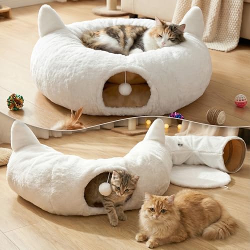 OurWarm Cat Tunnel Bed for Indoor Cats, Soft Plush Round Peekaboo Cat Bed Cave with Washable Cushion, Under Cristmas Tree Cat Donut Tunnel Toys for Kitten Rabbit Puppy (White)