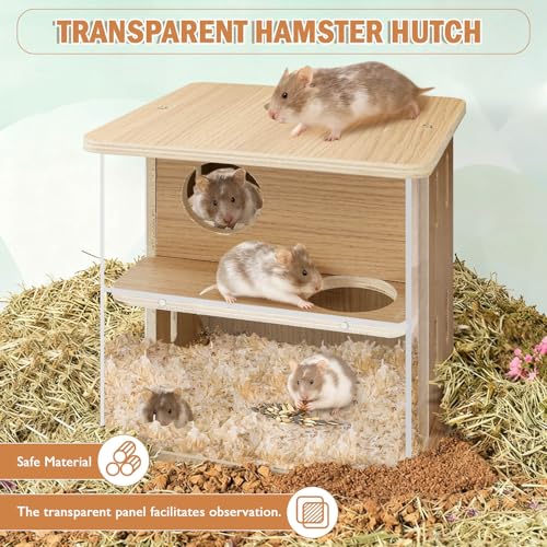 Double-Decker Hamster Hides with Acrylic Viewing Panels, Wooden Hamster Hideout for Syrian Hamsters Gerbils, Detachable Mouse House (Natural Color)