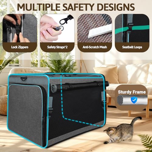 Side Expandable Extra Large Cat Carrier with Litter Box, Grey | 24"L x 17"W x 17"H, Privacy Curtain and Lockable Safety Zippers, for Long Distance Car Travel, Cats Under 55 lbs - color: grey