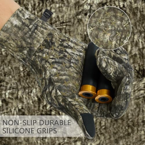 BASSDASH Unisex Fleece Liner Lightweight Camo Hunting Gloves HG07 | Stretch Fleeced Warm Anti-Slip Gloves with Touchscreen for Men Women Cool Weather Shooting Photography Fishing - color: Moss Wood, size: Small