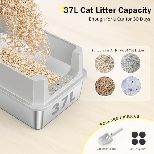 Stainless Steel Litter Box, Extra Large Litter Boxes for Big Cats, XLarge Metal Cat Litter Box with Lid, Anti-Urine Leakage XL Box with High Sides, Easy Clean, Non-Sticky, Scoop Included - color: Silver Grey, size: XL