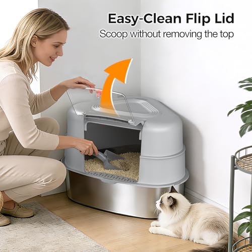 Chumajor XXL Stainless Steel Corner Cat Litter Box with Lid,Grey | Sturdy, No Odor & Space-Saving Hidden Design for Large Cats,Grey