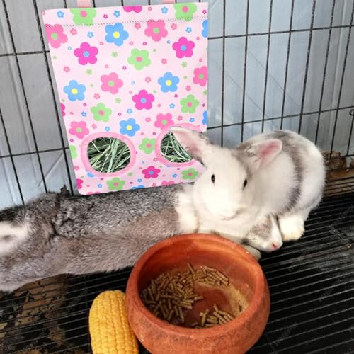 JarThenaAMCS 2 Pcs Rabbit Hay Feeder Bag with 2 Holes Guinea Pig Hanging Hay Feeding Bag Pink Floral Storage Dispenser for Chinchilla Hamster Bunny Small Animal Pet, 11.5 x 9 Inch