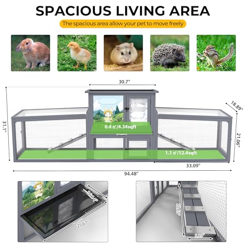 COZIWOW Heated Large Rabbit Hutch Insulated, Outdoor Indoor Bunny Cage with Heating Pad & Insulation Liner, 2-Level Wooden Small Animal House Pet Enclosure with All-Covered Sloped Roof, Grey
