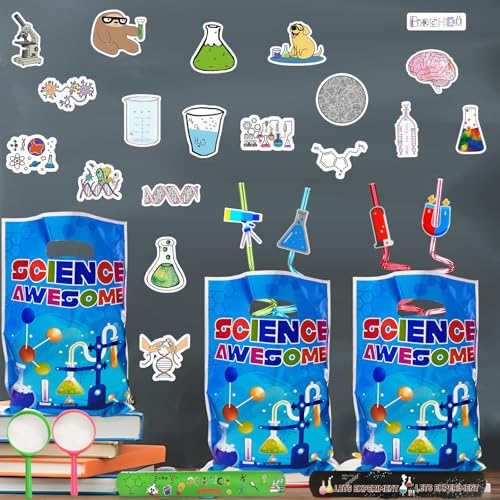 111PCS Science Party Favors, Lab Birthday Decorations and Goodie Bag Toys | 111PCS science party favors with magnifiers, gift bags, stickers, straws, bracelets, keychains and a magnet set. - style: Science