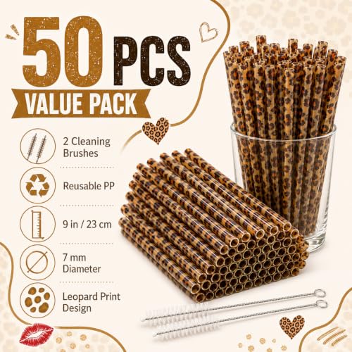 50 Pcs Reusable Leopard Print Straws Bulk, Cheetah Print Plastic Drinking Straws with 2 Cleaning Brushes for Animal Print Party Favors Safari Birthday Party Supplies