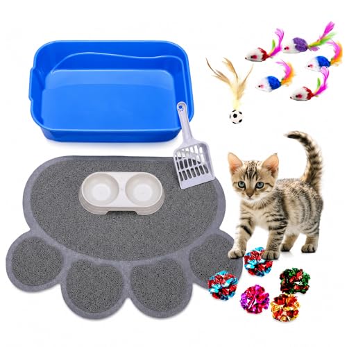 Kitten Litter Box Starter Kit with Mat, All-in-One Starter Kit for Kittens & Small Cats, Anti-Tracking Litter Mat, Easy Clean, Includes Scoop & Toys, Compact Size (GreyScoop) - color: GreyScoop