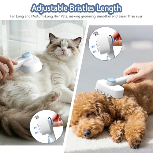 Dog & Cat Brush for Shedding, 2-in-1 Self Cleaning Deshedding Brush | Adjustable Bristle Length with Dematting Comb Skin Friendly Fur Shedding Removal Tool for Long Medium Long Hair Pets (Blue) - color: Blue