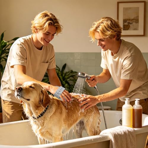 Dog Shampoo Brush with Adjustable Ring Handle Soft Bristles Shedding | Cat Dog Scrubber Massager Brush for Shower Home Grooming Pet Salon Daily Care - color: Gray