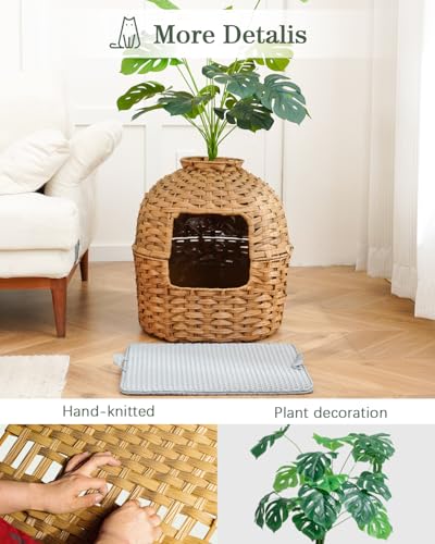 SETVSON Cat Litter Box Enclosure Plant, PE Rattan Kitty House, Natural | Decorative Planter Design, Waterproof Inner PVC Liner, Includes Artificial Plants, Real Stones, Litter Mat, 20x20 Inches - color: Natural(with Litter Mat)