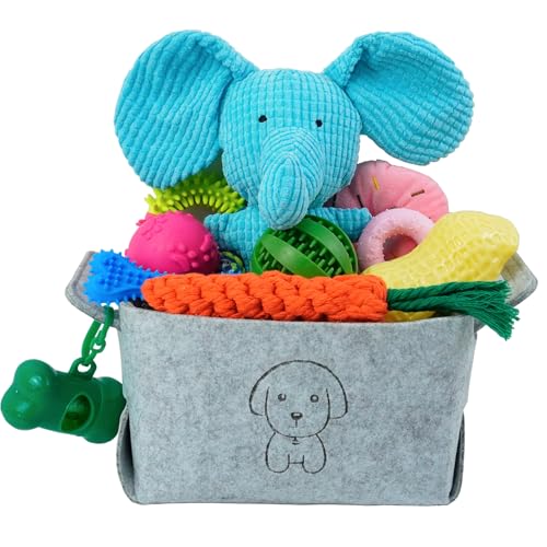 MRSOHRET 20Pcs Puppy Chew Toys for Teething, Dog Chew Toys with Rope Toys, Pet Dog Toothbrush, Treat Balls, Plush Toys and Squeaky Toy for Small Medium Dogs with Basket (20 Pack Elephant) - color: 20 Pack Elephant