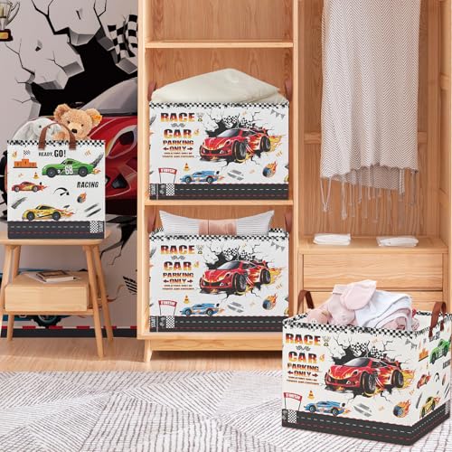 Race Car Toy Storage Basket, Collapsible Kids Laundry Hamper with Parking Sign, Car Themed Storage Organizer Bin for Boys Room, Nursery, Bathroom-36L Tire Toy Box - color: Red