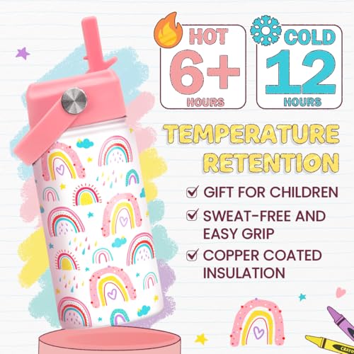 SANDJEST Rainbow Kids Water Bottle With Straw Lid 12oz Insulated Stainless Steel, Travel Tumbler, Gifts For Girls, Birthday, Christmas, Back To School - color: Rainbow 1