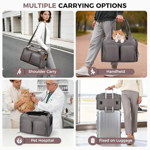 Dog, Cat Carrier for Pets Up to 12 Lbs, Airline Approved Collapsible Soft-Sided Pet Travel Bag with Locking Zippers, Breathable Mesh and 4 Large Pockets, Removable Fleece Pad (Grey) - color: Grey