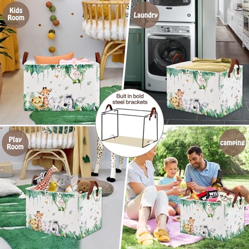 Jungle Safari Nursery Basket -Stackable and Collapsible Animal Basket Hamper ,Freestanding Kid Storage Bin Clothes Book Toy Organizer Bin for Easter Gift( Upgraded Metal Frames) - color: Jungle Safari