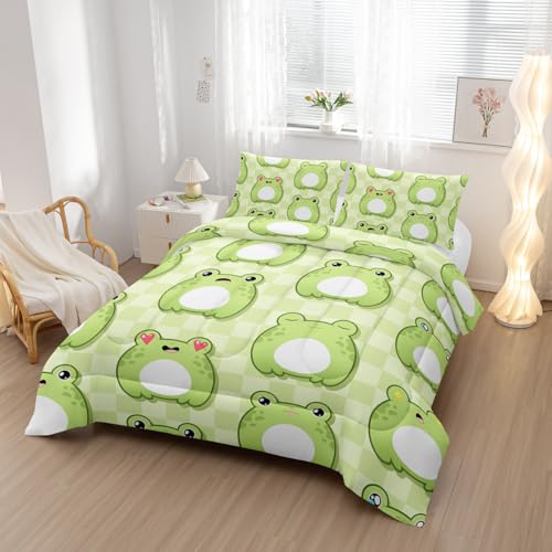 Nttopship Cartoon Frog Comforter Bedding Set with 2 Pillowcase Queen Size Cute Animals Comforter Set for Kids Boys Girls Bedroom Decor - color: Cartoon Frog, size: Queen