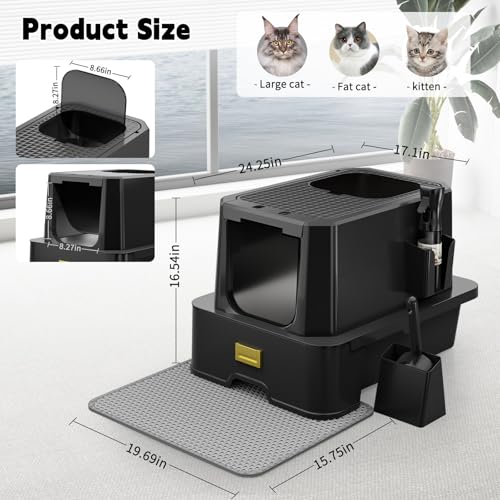 RIZZARI Large Covered Litter Box Indoor: Drawer Tray Top Exit Odor Spray | 304 Stainless Steel Pan / Pull-Out Cleaning Drawer / Textured Lid Anti-Tracking / Front Door & Top Hole / Modern Home Design - color: Carbon black