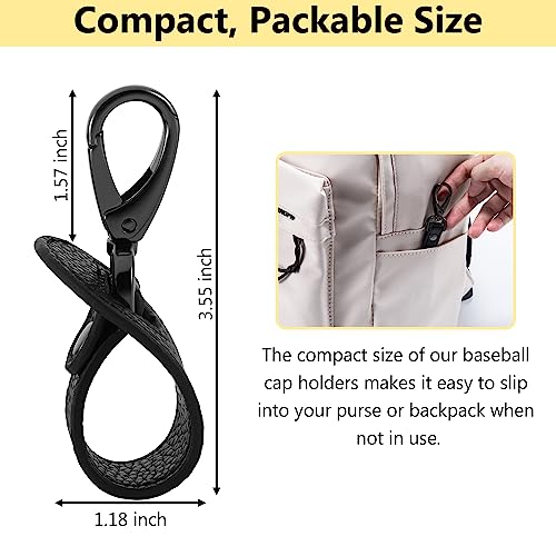 Hat Clip for Travel, Cap Holder Strap for Bags | Faux leather tab, zinc alloy clasp, fits baseball snapback and ponytail caps, mouse ear holder, hands free travel - color: Black