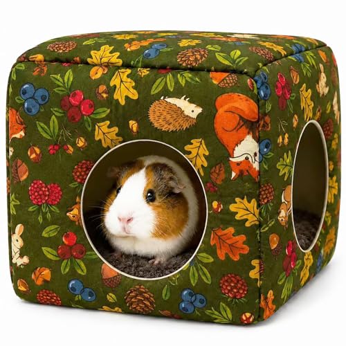 Guinea Pig Hideout House with Removable Cushion, Washable Small Animal Cube Bed, Cozy Bunny Hideaway for Guinea Pigs, Chinchillas, Hedgehogs, Hamsters & Dwarf Rabbits - color: Green Forest