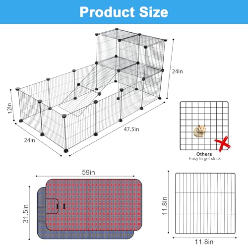C&C Cage for Guinea Pigs, 24-Panel Playpen with Waterproof Mats | 12 x 12 in, 2 Red and Blue Waterproof Mats, 60 Cable Ties, 36 Connectors, DIY Cage Shapes, Guinea Pigs - style: 24 Panels