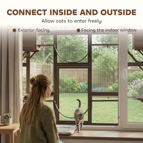 PawHut Catio Outdoor Cat Enclosure Window, 118" x 37.5" x 74", Coffee Brown | Outdoor Cat House, Weather Protection Roof, for 1-4 Kitties, Wooden Frame, Shelves & Bridges - color: Coffee Brown