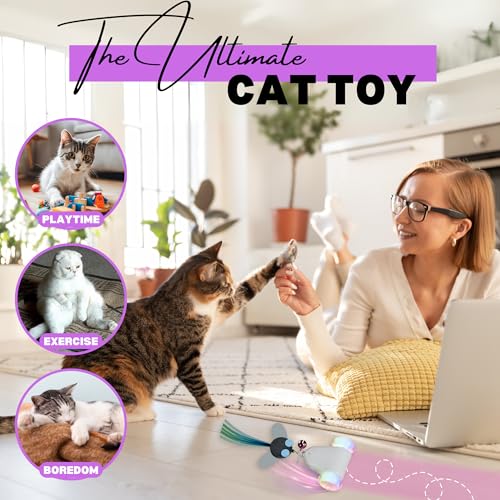 Rolling Rover – Interactive Cat Toy with RGB Wheels, Automatic Moving Mouse-Shaped Design, Feather Butterfly and Bell Attachments, Smart Motion Activated for Indoor Cats & Kittens (Pink) - color: Pink