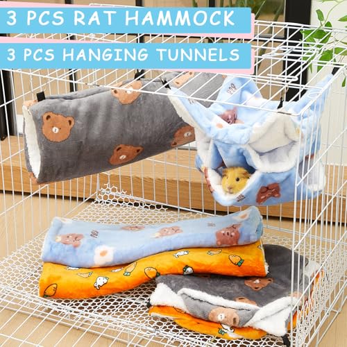 6 Pcs Rat Hammock Set Ferret Hanging Tunnel 3 Tier Guinea Pig Hammocks Hideout Soft Chinchilla Bed for Cage Accessories Hide,Play and Sleep (Sun,Bear) - color: Sun