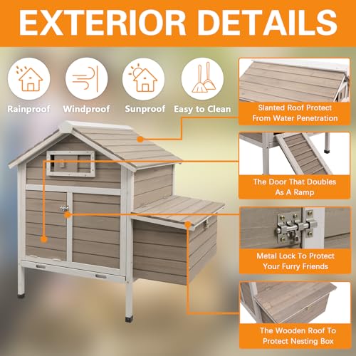 Gowoodhut Chicken Coop Rabbit Hutch with Removable Trays,Raised Floor Hen House with Nesting Box,Wooden Outdoor Poultry Cage Pet House with Ramp Run Hen Cage for Garden Backyard(Grey) - size: Chicken-26
