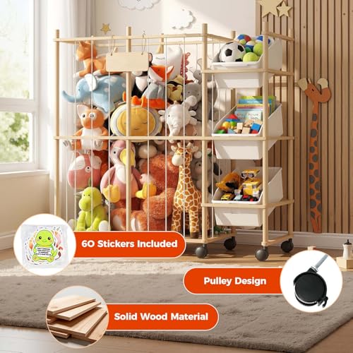 Toy Storage Organizer with 3 Removable Bins, Kids Storage Toy Shelf Organizer for Stuffed Animal Holder for Bedroom Playroom Nursery | Wood & White