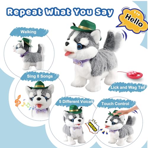 Husky Walking Dog Toy for Kid Boy with Leash Barking Talking Lick Wag Tail | Interactive Puppy Robot That Repeats You Say for Girls, Fake Plush Singing Pet Doggy Pretend Dress Up Birthday Christmas 3+ - color: 3.husky Dog
