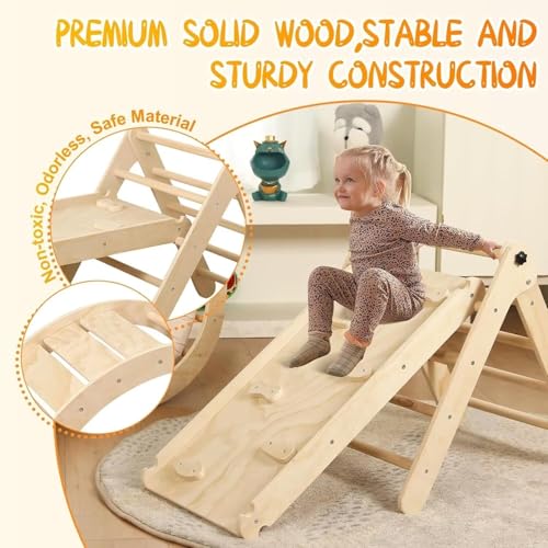 Pikler Triangle Set with Cushion, 7 in 1 Toddler Climbing Toys Indoor | Foldable Space-saving Design, Montessori-inspired Learning, Reversible Slide & Ramp, ASTM F963 Standards for Toddlers 18M-5Y - color: Nature Wood