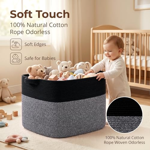 OIASKET 108L Cotton Rope Storage Basket for Living Room and Bedroom 25"x16"x16" Woven Laundry Basket, Heavy Duty Bin for Blankets, Pillows & Toys, Pet-Safe & Scratch-Free, Black - color: Black