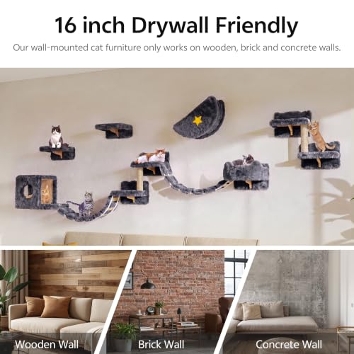 13-in-1 Cat Wall Shelves, Moon & Bridge Cat Wall Furniture, Grey | Wall Mounted Cats Shelf Set with Plush Fabric, Cat Climbing Systems for 16 Inch Drywall, Condo, Scratching Post, Space-Saving - color: Grey, size: 13-in-1