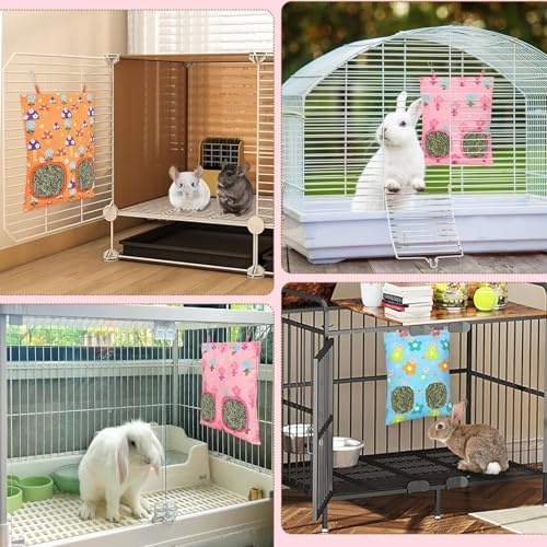 UPINS 3Pack Guinea Pig Hay Feeder Bag,Bunny Rabbit Cage Bag Hanging Holder | Guinea Pig Cage Feeder,for Bunny Rabbits,Chinchillas,Hamsters,Small Pets,and Animals - color: Pink Blue Orange
