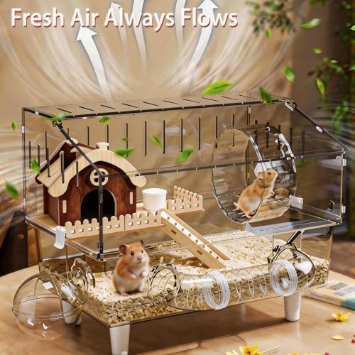 2-Story Acrylic Hamster Cage with Wooden House, Exercise Wheel, Tunnel, Water Bottle, and Ramp