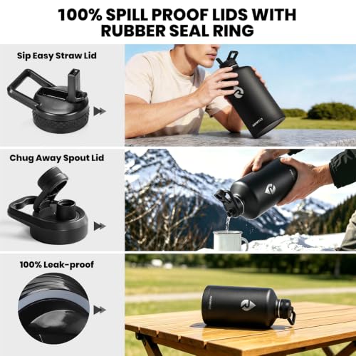 RAYMYLO One Gallon Water Bottle Insulated 128 oz, Stainless Steel | Triple Walled Vacuum (Cold for 48 Hrs), Leak Proof & Non-BPA, Large Water Flask Jug with Paracord Handle & Straw Spout Lids - color: Magic Black, size: 128 Ounces