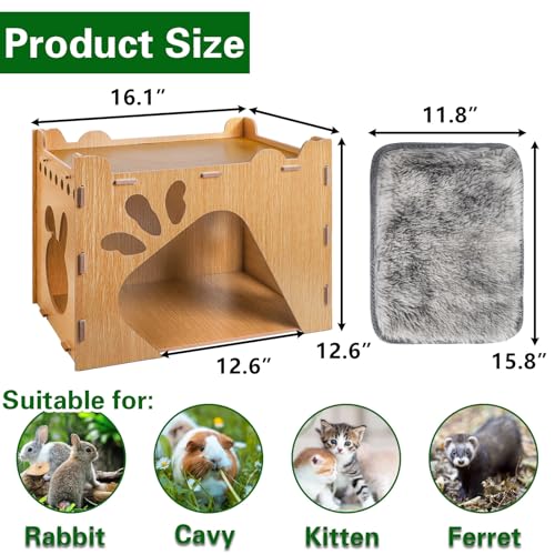 Yesland Rabbit Hideout Castle, Large Wooden Bunny Houses and Hideouts with Pet Pad, Detachable Small Animal Play Hideaway Hut and Playhouse for Indoor Bunnies Guinea Pig Hamster Chinchilla Gerbi