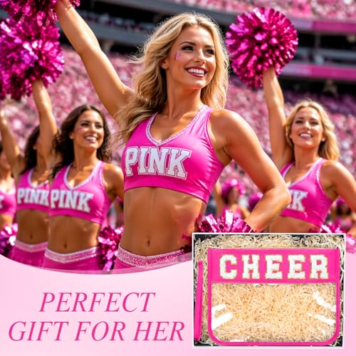 Kacctyen 20 Pcs Rose Pink Chenille Letter Cheer Bags Cheerleader Clear Makeup Bags Snacks Pouch Bulk Preppy Patch Cosmetic Pouch with Wrist Strap Zipper for Travel Team Cheerleaders - color: rose Pink