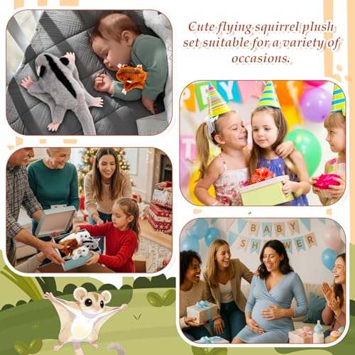 Hollowfly 5 Pcs Sugar Glider Family Stuffed Animal Set 18.5 Mommy Sugar Glider Plush Toy Long Tail with 4 Cute Babies Zippered Belly Inside Nurturing Gifts for Kids Adults Holiday Birthday Christmas - style: Sugar Glider