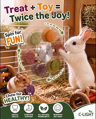 C-LIGHT Guinea Pig Chew Toys, Rotating Spinner + 8 Pcs Timothy, 5 viggies | Hay for Teeth Grind & Digestion, Rust-Proof Aluminum Toy, for Rabbit, Bunny, Chinchilla, Hamster Dental Health (Sliver)