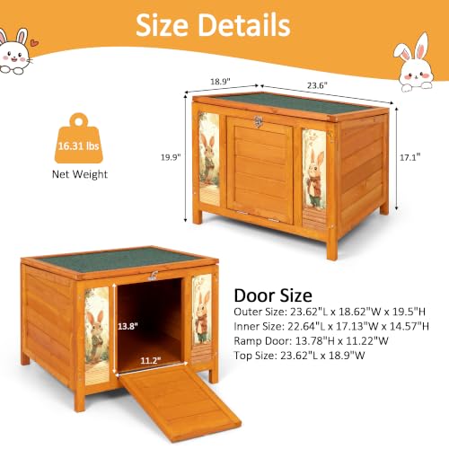 24" Outdoor Rabbit Hutch and Small Cat House for Small Animals | Openable waterproof roof, raised floor, lockable fold-down ramp door, sheltered resting area for guinea pigs, chicks and pets