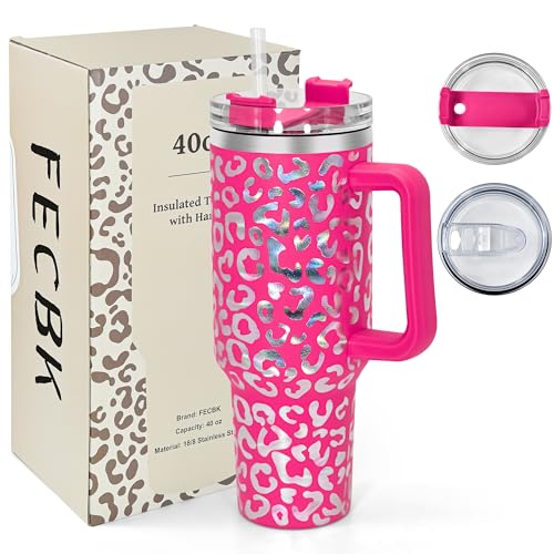 40 oz Tumbler with Handle and Straw, 100% Leak-Proof Travel Mug, Stainless Steel Double Wall Vacuum Insulated Coffee Cup Keeps Cold For 34 Hours, Dishwasher Safe, Hot Pink Leopard - color: Hot Pink Leopard