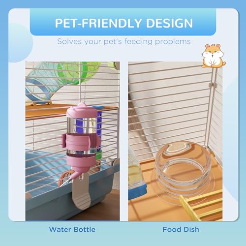 PawHut 18" 5 Tier Hamster Cage with Tubes and Tunnels, Small Animal Cage with Portable Carry Handle, Gerbil Cage with Water Bottle, Food Dish, Exercise Wheel, Light Blue | Small Animal Cage, Portable Carry Handle, Water Bottle, Food Dish, Exercise Wheel -